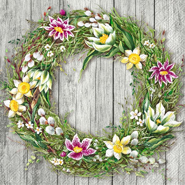IHR Paper Napkins Spring Wreath Grey Pack/20 6.5x6.5"