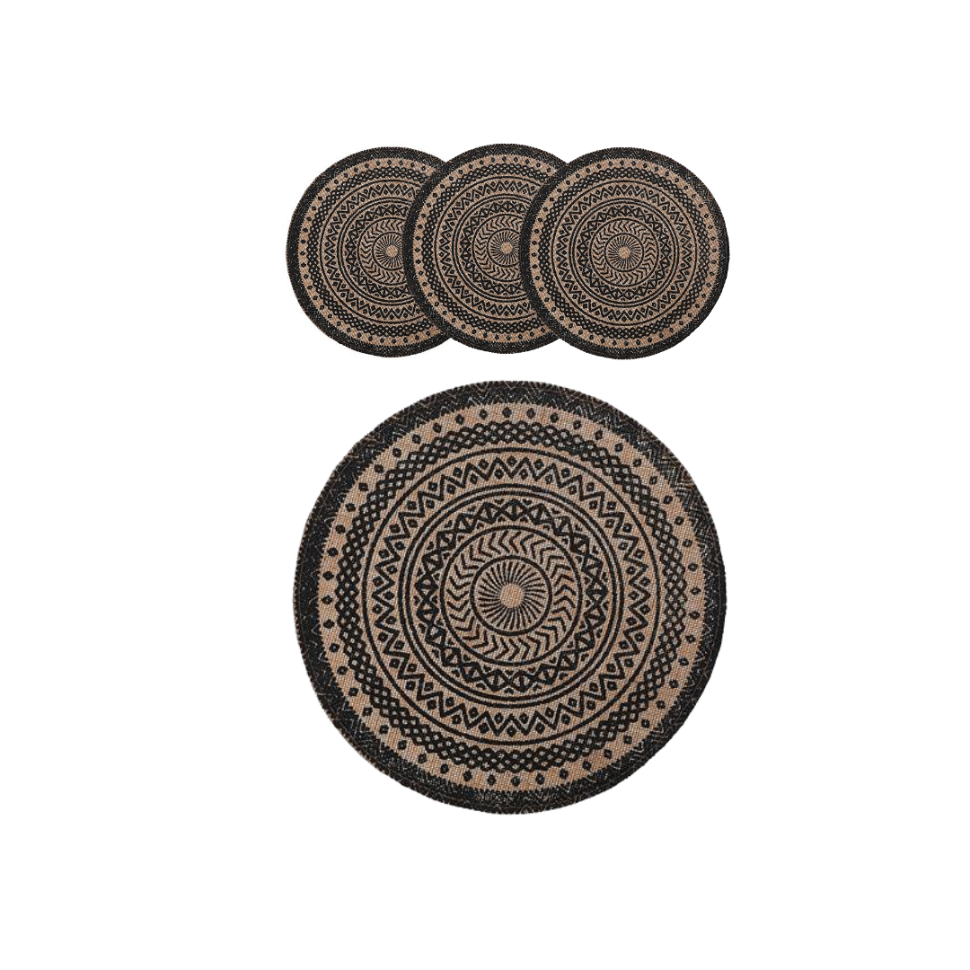 Set of 4 Black Mandala Round Jute Placemat 15"