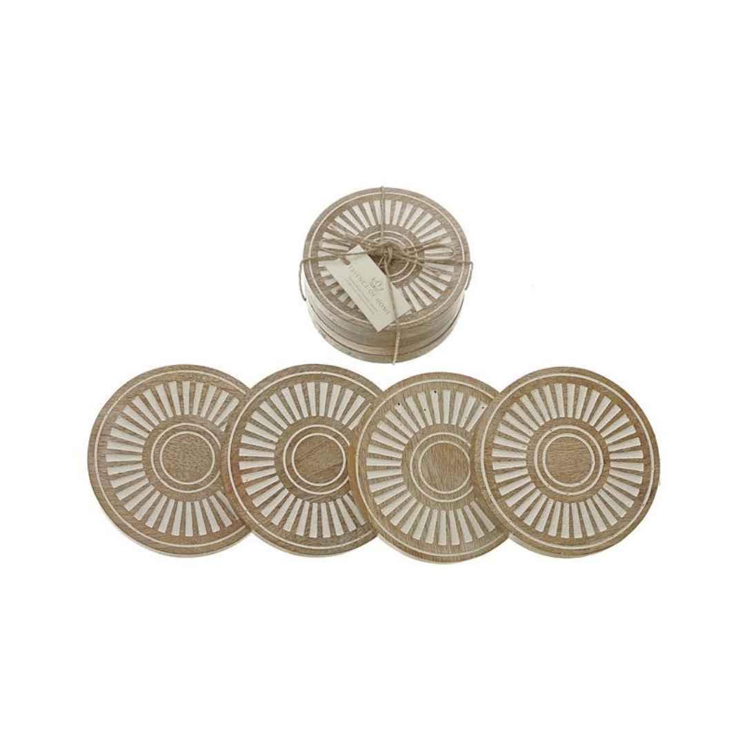 Set of 4 Mango Wood Etched Coasters White
