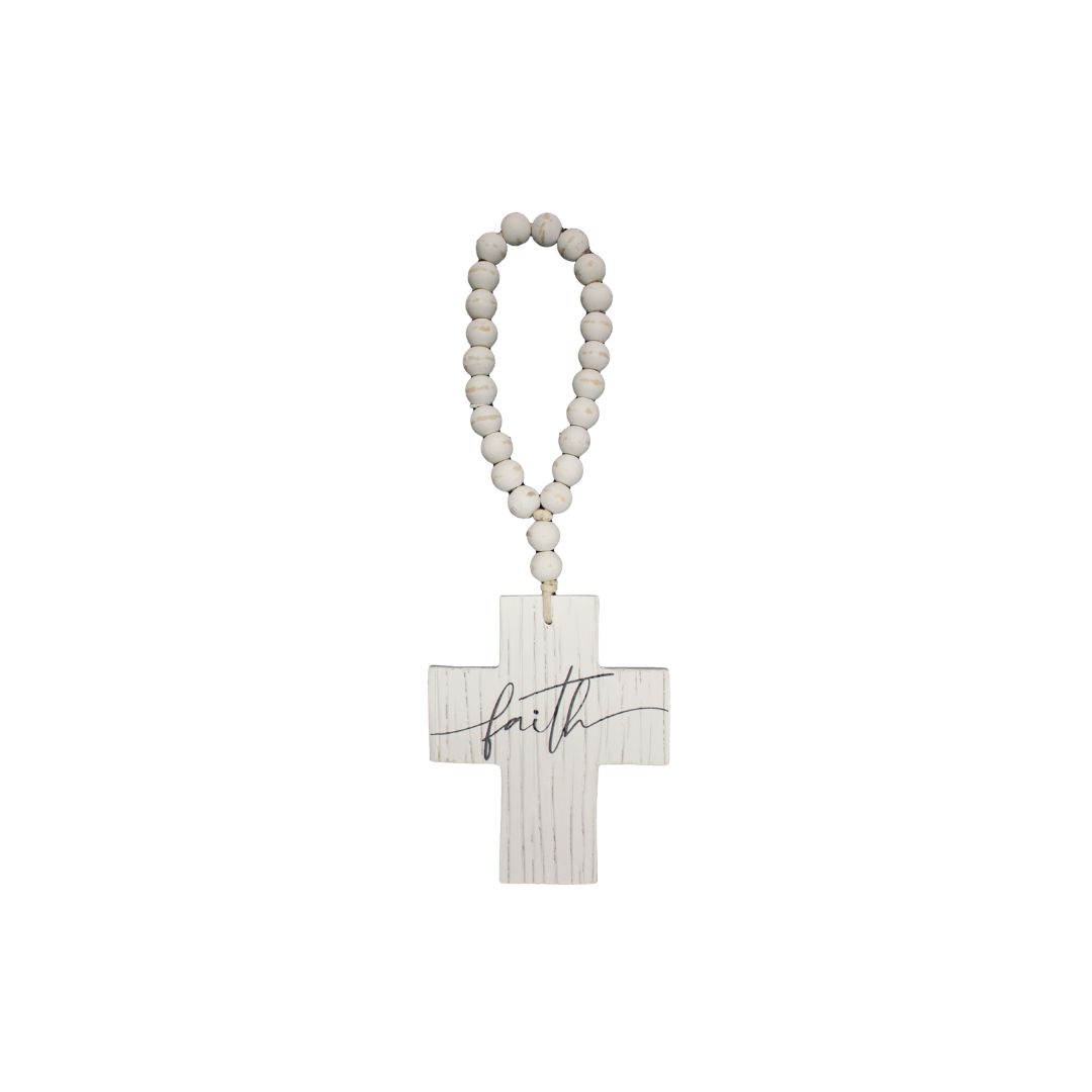 White Wood Faith Beaded Cross 5.5"