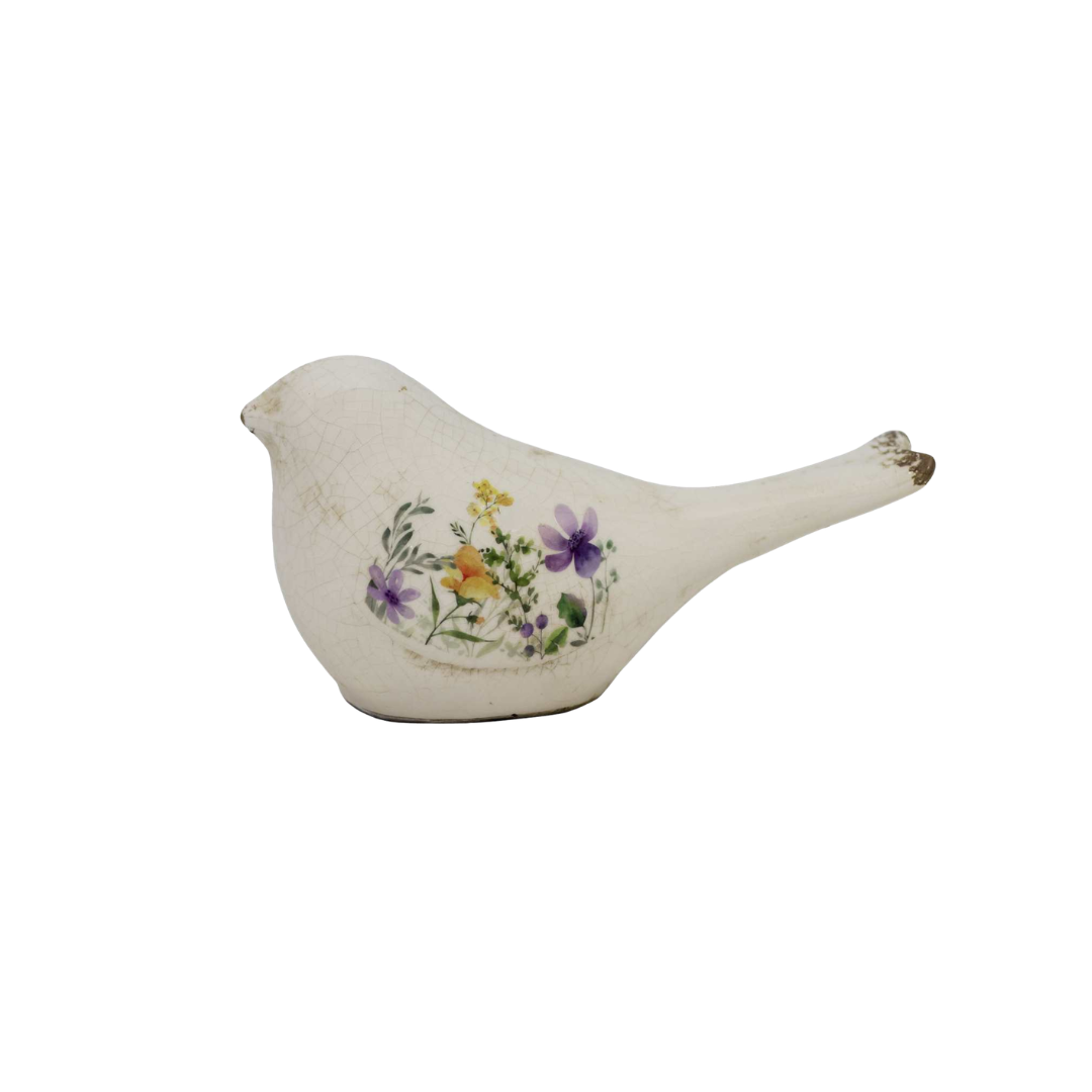 White Floral Ceramic Bird 10x4"
