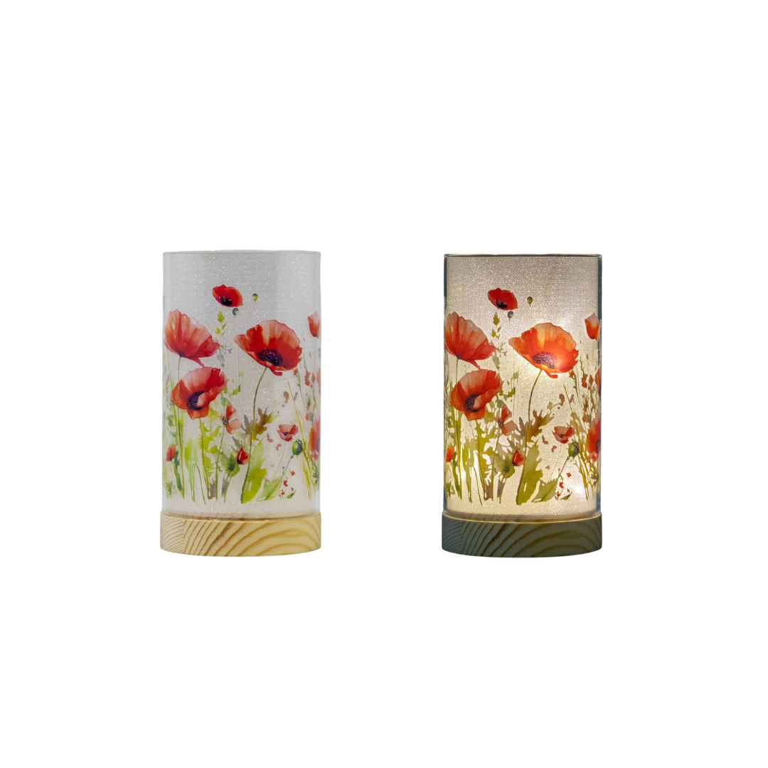 LED Glass Cylinder with Poppies 3.5x7"