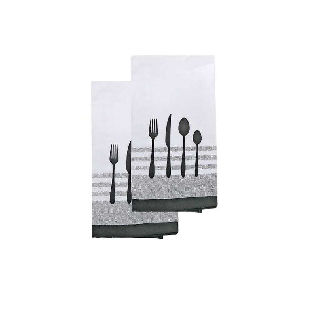 Utensil Front Stitched Black Tea Towel Set of 2