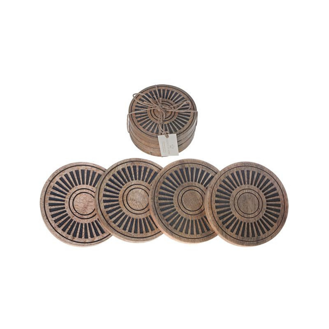 Set of 4 Mango Wood Etched Coasters Black