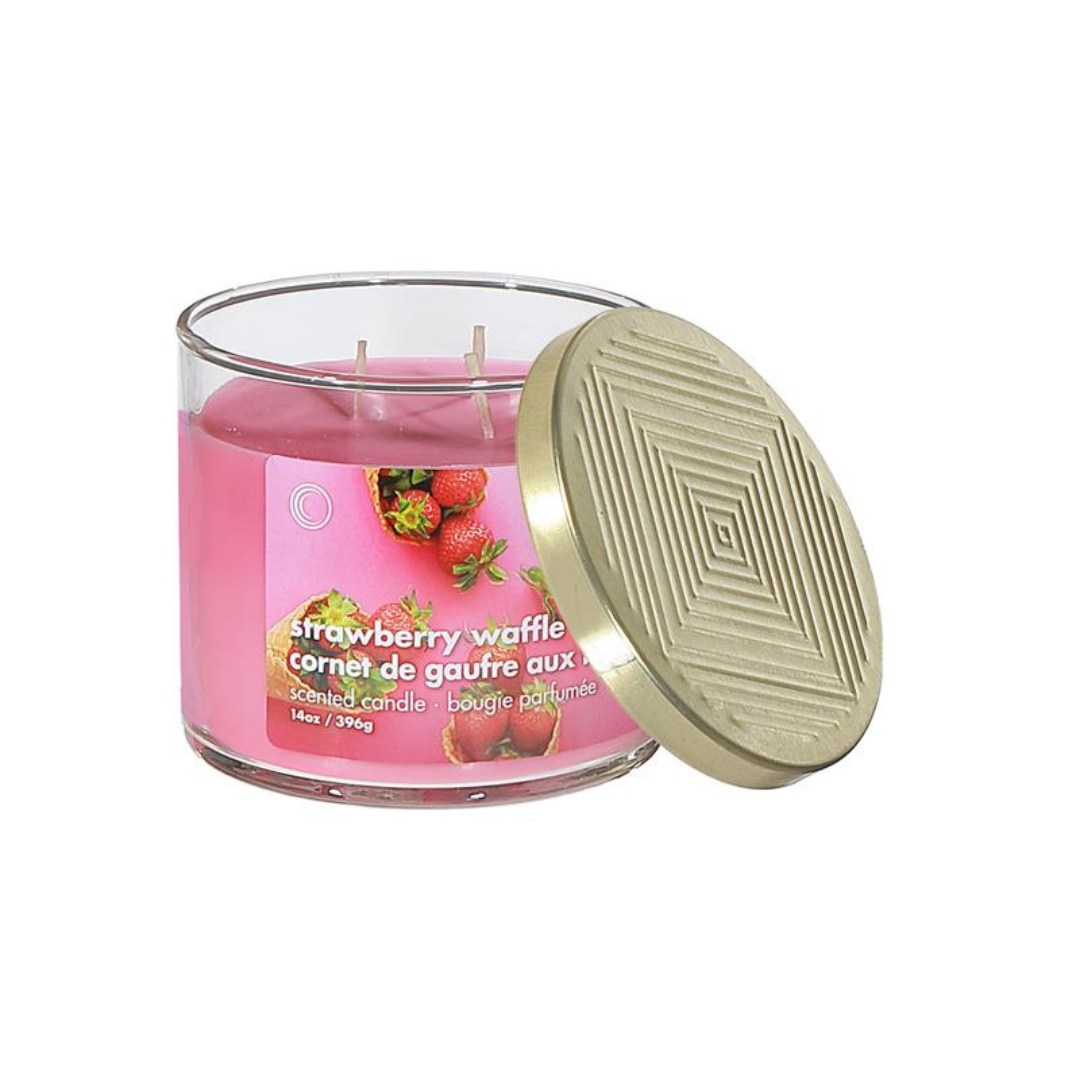 14oz. 3 Wick Strawberry Waffle Cone Candle with Lid