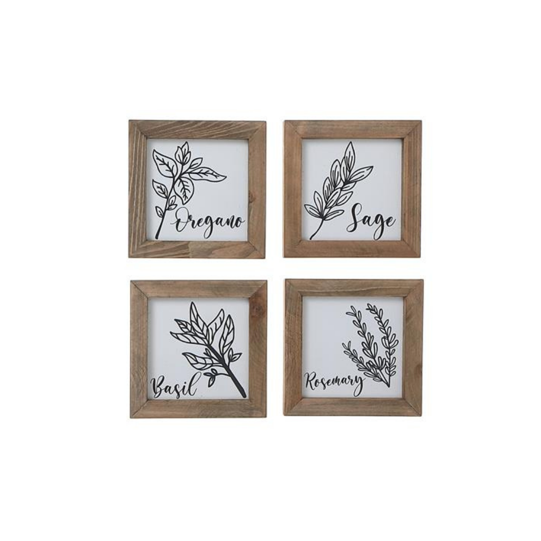 Set of 4 Kitchen Herbs Wood Block Plaque 6"
