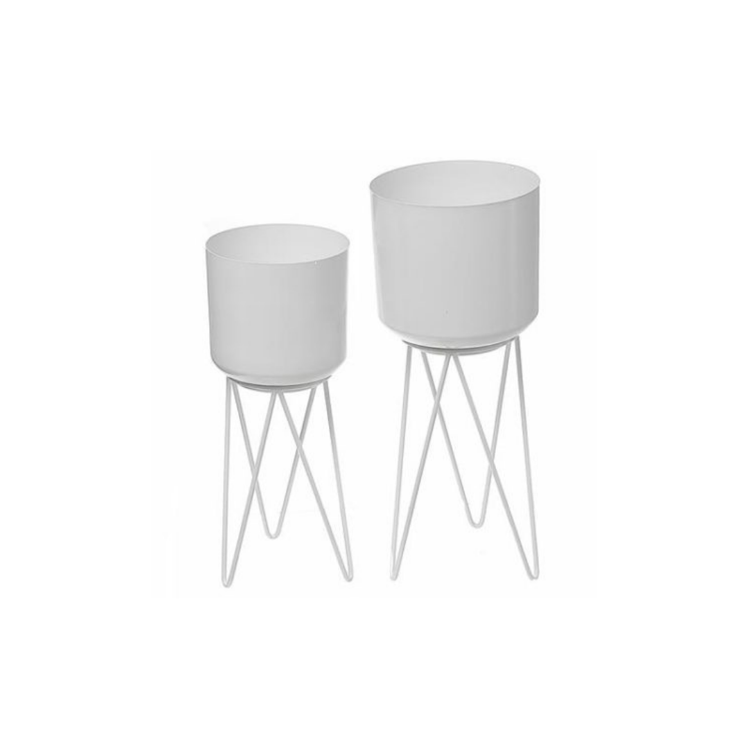 Set of 2 White Metal Planter with Tripod Stand