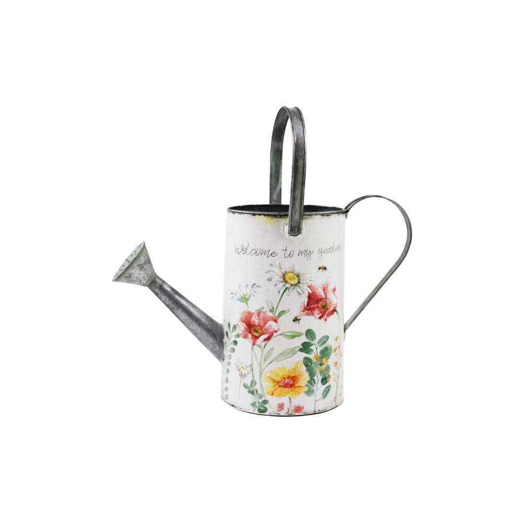 White Metal Floral Watering Can 10"