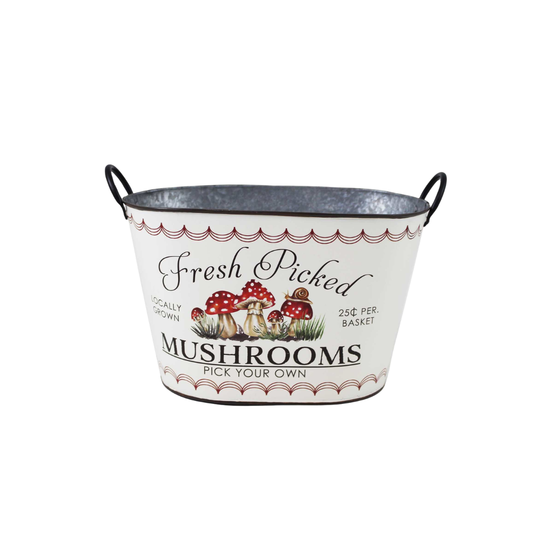 White Metal Basket with Mushrooms 14.5x9.25"