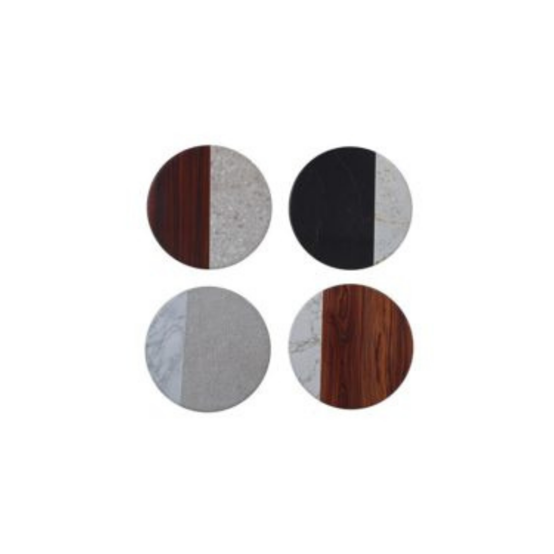 Set of 4 Round Ceramic Marble & Wood Coasters