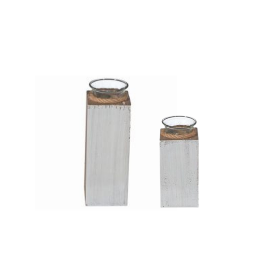 White Wash Natural Wood Tea Light Candle Holder with Rope